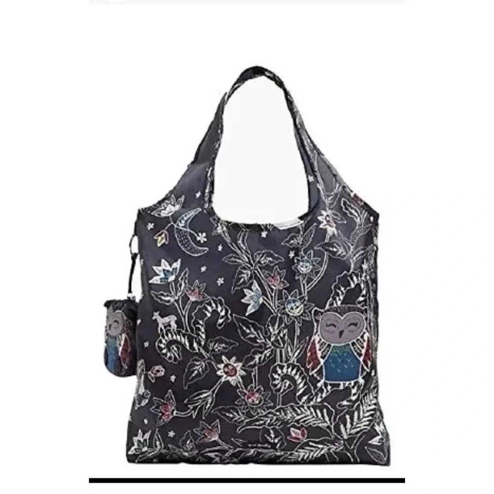 New Vera Bradley Night Sky Owl Collapsible Reusable Tote Bag Pouch KeyRing Charm
